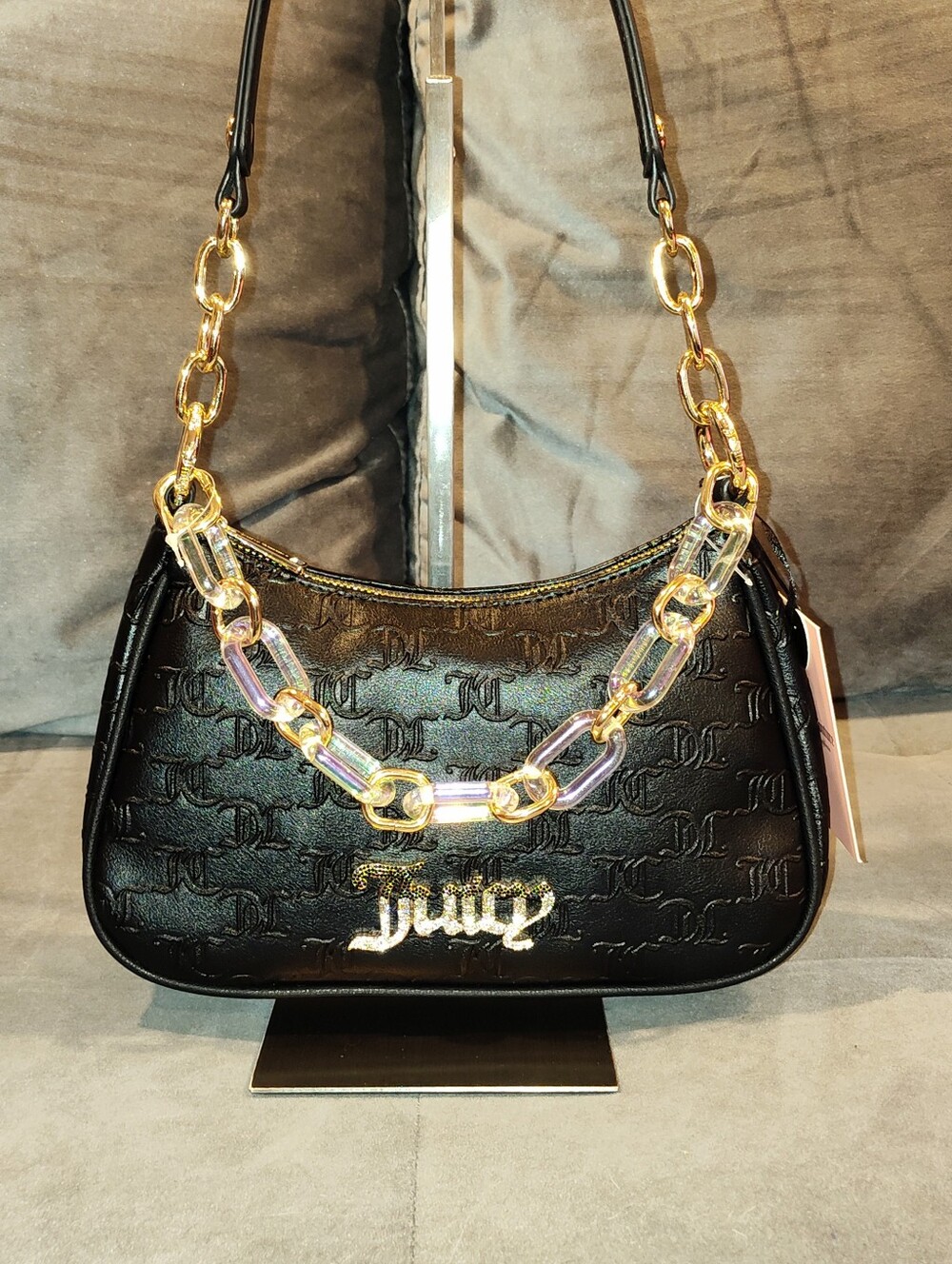 NWT JUICY COUTURE BLING BLING BLACK LICORICE MONOGRAM EMBOSSED SHOULDER BAG